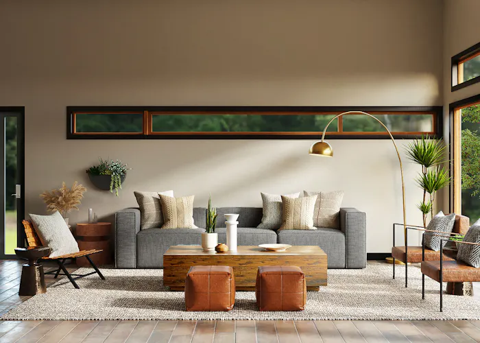 Warm living room with clerestory windows and timber floors