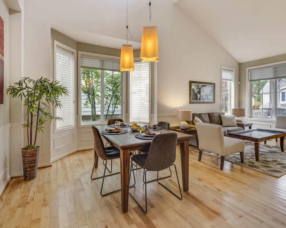 Contemporary living space with timber floors and natural light