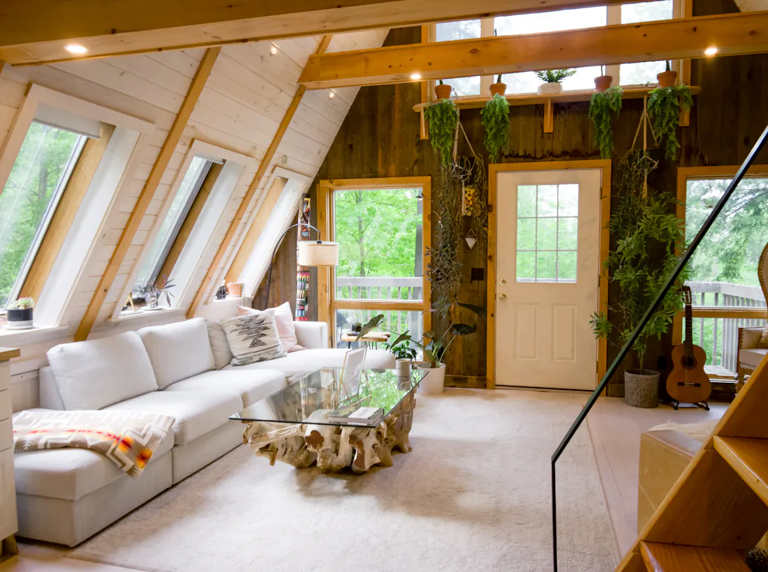 Light-filled timber A-frame studio interior with plants